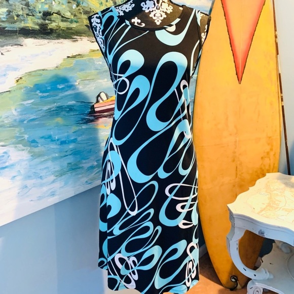 Lily Black Geo Sky Blue Swirls Print Sleeveless Dress - Picture 3 of 11